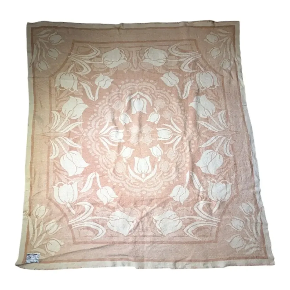 Vtg 1960s Orr Health Peach Beige Tulip Floral 100% Wool Throw Blanket 72 x 79